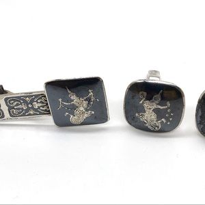 Vtg Siam 925 Sterling Silver Cuff Links Tie Clip Set